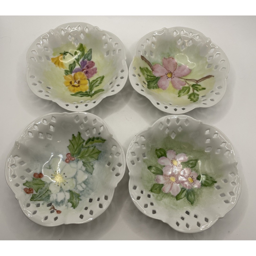 Lot 4 vintage hand painted Floral small reticulated porcelain dishes 5" X 2"